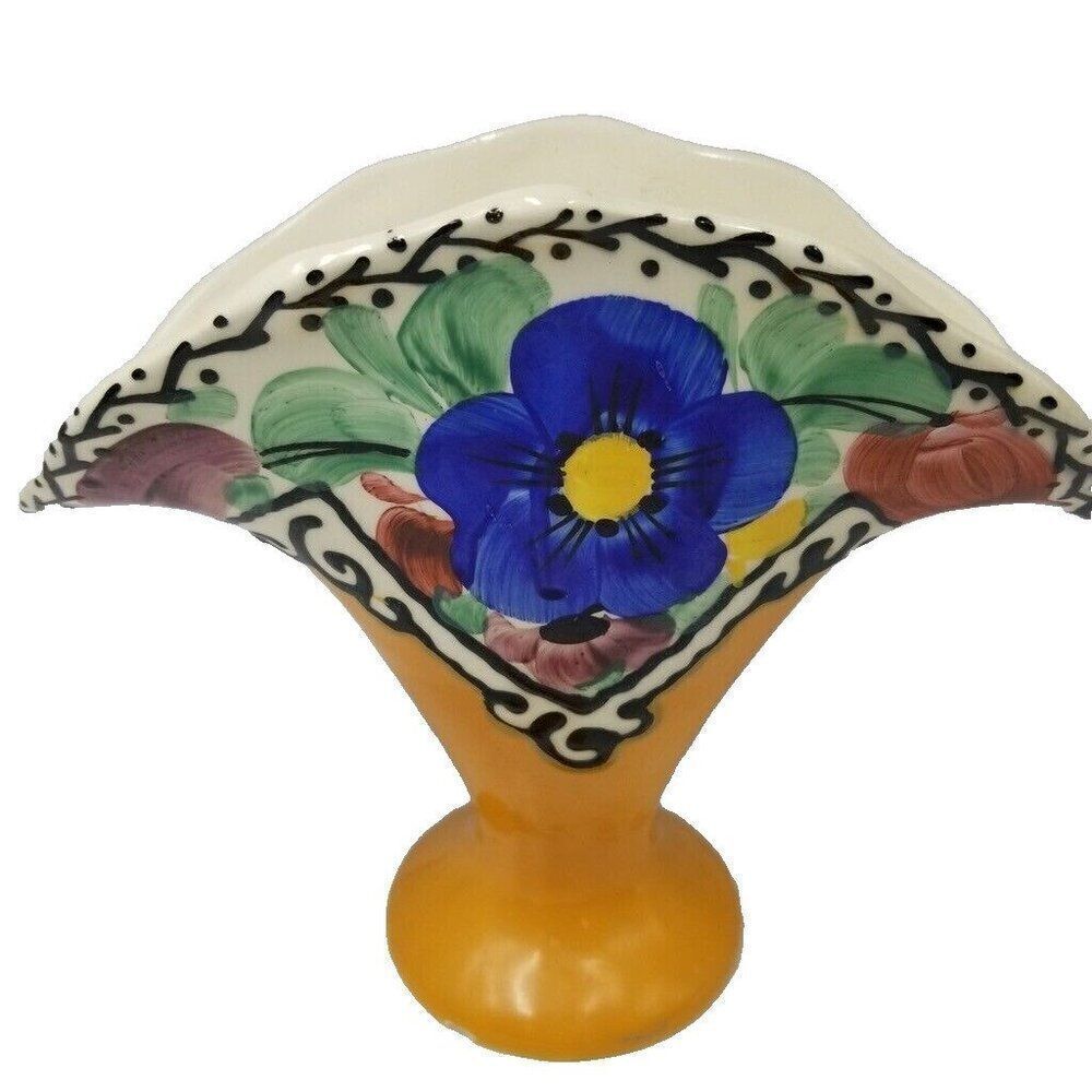 Vintage Art Deco Ceramic Fan Vase Hand Painted Yellow Blue Floral 7.5"